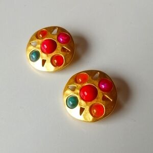Vintage Unsigned Designer Multi-Coloured Glass Cabochon Goldtone Clip Earrings